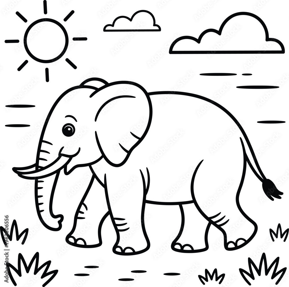Fototapeta premium A cute cartoon elephant walking through the savanna in this simple coloring page illustration