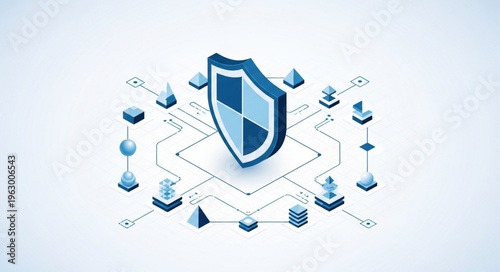 Isometric Cybersecurity Shield Protecting Network Data and Digital Assets.