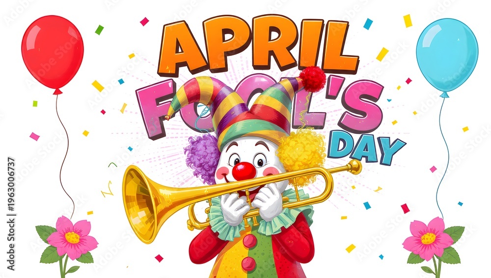 Fototapeta premium Festive April Fool's Day Illustration with Happy Clown, Trumpet, Balloons and Colorful Confetti