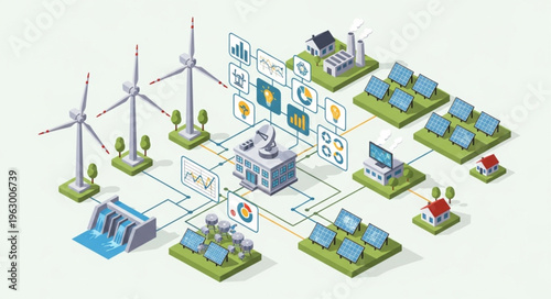 Isometric Illustration of Renewable Energy Sources and Smart Grid Network.