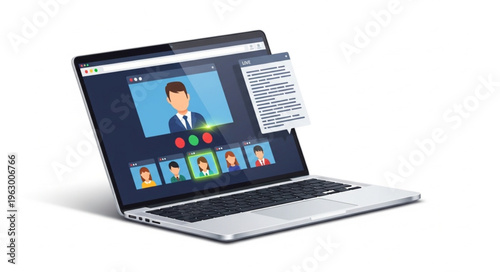 Laptop displaying a video conference with multiple participants and notes.