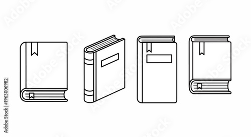 Four different views of books in a row on a plain surface