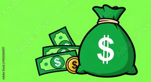 Cartoon illustration of a green money bag with dollars and coins
