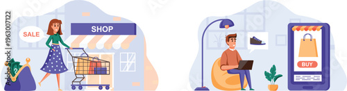 Woman shopping in store contrasts with man buying items online at home using laptop and mobile device