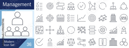 Modern Management Line Icon Set with Business Strategy, Team Leadership and Workflow Symbols.