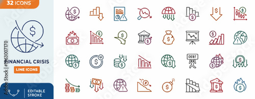 Set of financial crisis line icons representing economic recession, market crash, and global debt with arrow down, graph down, and dollar sign