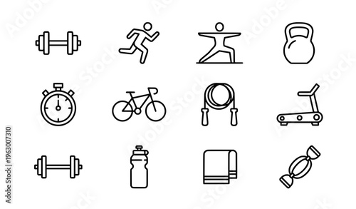 Minimal fitness line icon set with workout gym and exercise symbols black and white vector illustration