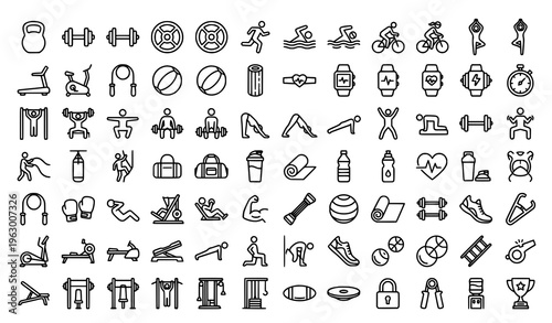 Modern fitness outline icons collection with gym equipment and workout symbols black and white vector
