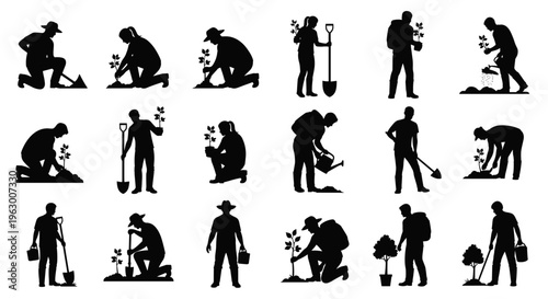 People gardening outdoors with tools.