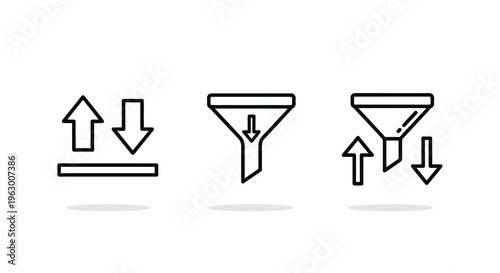Three funnel icons illustrating filtering processes a clean silhouette