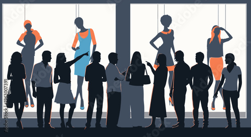 People looking at store window display.