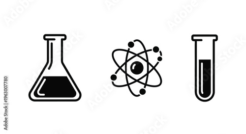 Scientific glassware and atomic structure represented as a black silhouette