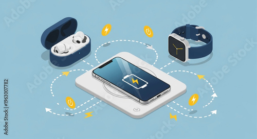 Wireless Charging Station with Phone, Earbuds, and Smartwatch.