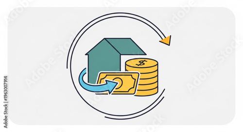 Home Equity Loan Concept with House, Money, and Circular Arrows.