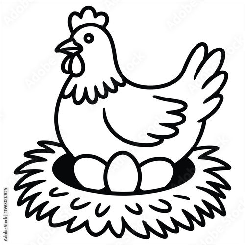 Black and white line of a hen sitting on eggs in a nest