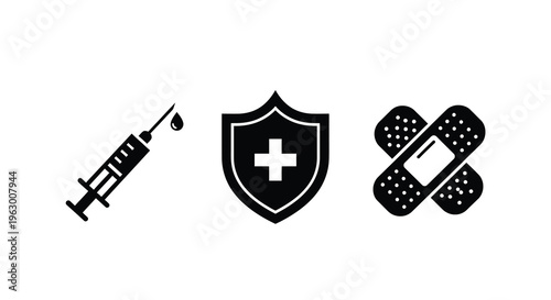 Medical icons depicting syringe shield and bandage in black silhouette