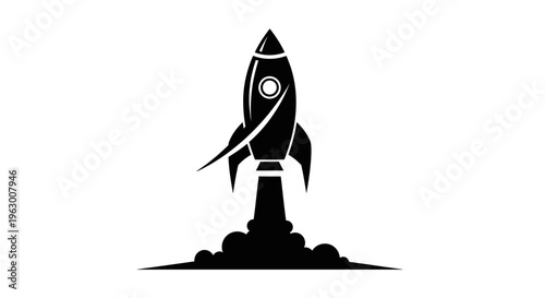 Black Rocket Ship Launching into Space with Smoke.