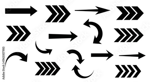 Collection of Black Arrows in Various Styles and Directions.