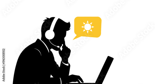 Silhouette of a person with headphones and laptop thinking.