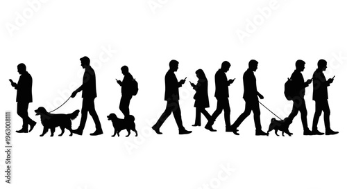 Silhouettes of people walking with dogs and using smartphones.