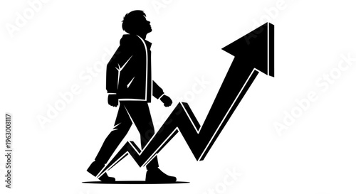 Silhouette of a person walking up a rising graph arrow.
