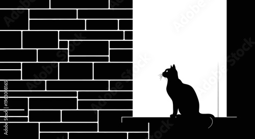 Silhouette of a black cat sitting on a windowsill.