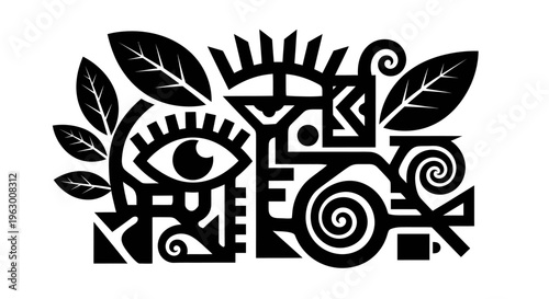 Abstract Tribal Eye Symbol with Leaves and Swirls.
