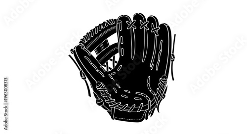 Black Baseball Glove Silhouette Isolated on White Background.