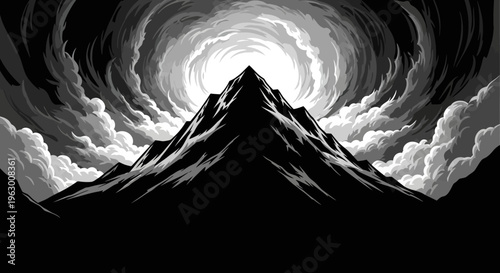 Dramatic Mountain Peak Silhouette Against Swirling Sky.