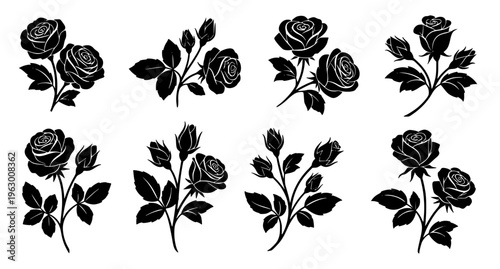 Elegant rose silhouette icons vector set black floral shapes collection isolated on white background