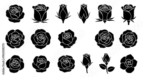 Minimal rose silhouettes icon set vector floral black symbols collection isolated on white