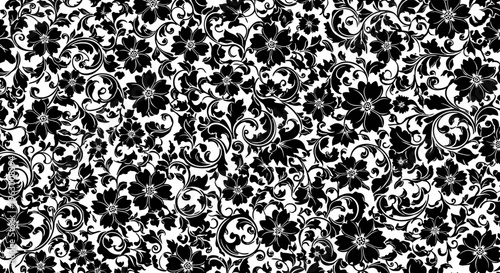 Intricate Black Floral Pattern on White Background.