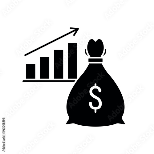icon an economic stimulus with a money bag and rising bar chart, isolated against a clean background