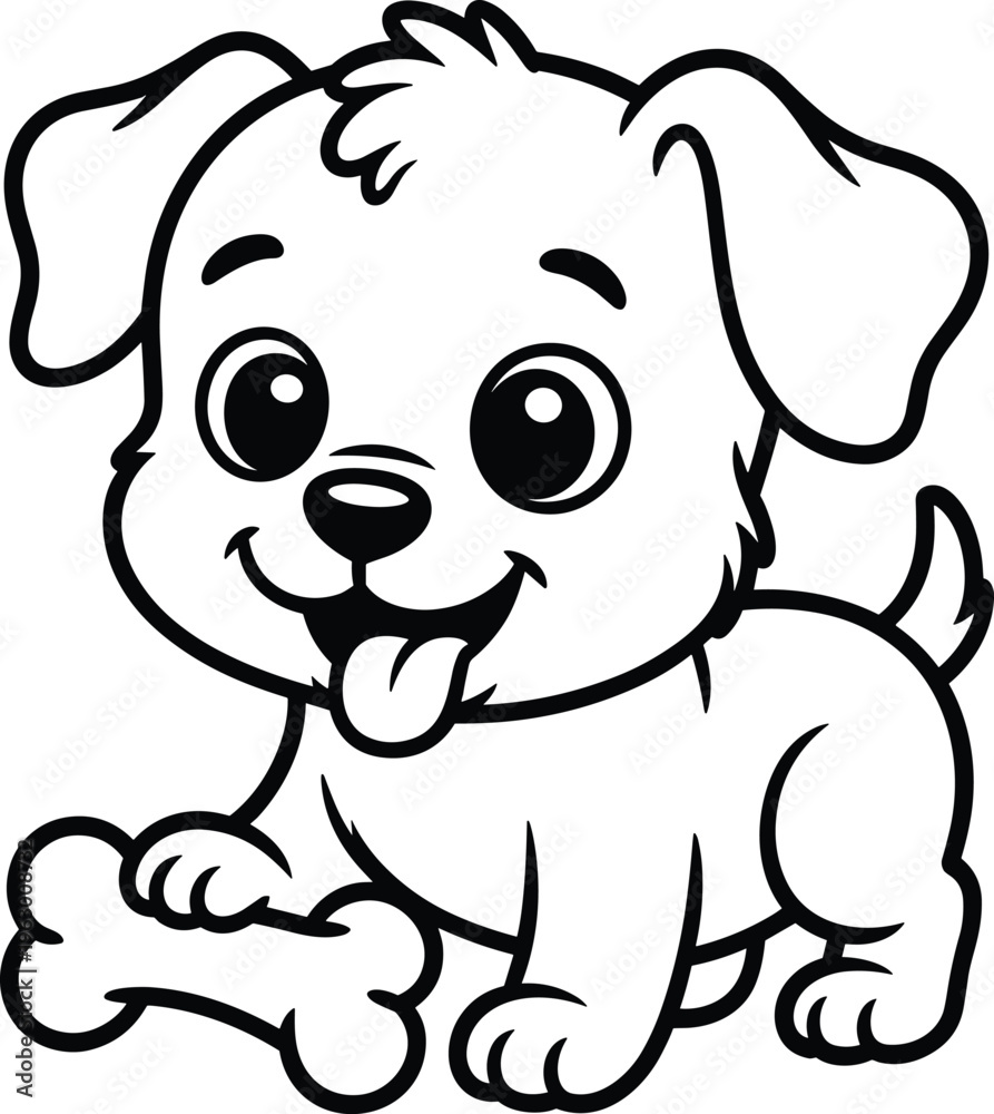 Fototapeta premium A cute cartoon puppy holding a bone in a simple black and white