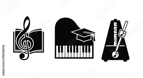 Musical instruments and graduation cap depicted in a dark silhouette
