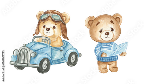 Cute watercolor illustration of teddy bears, one driving a car and another holding a paper boat