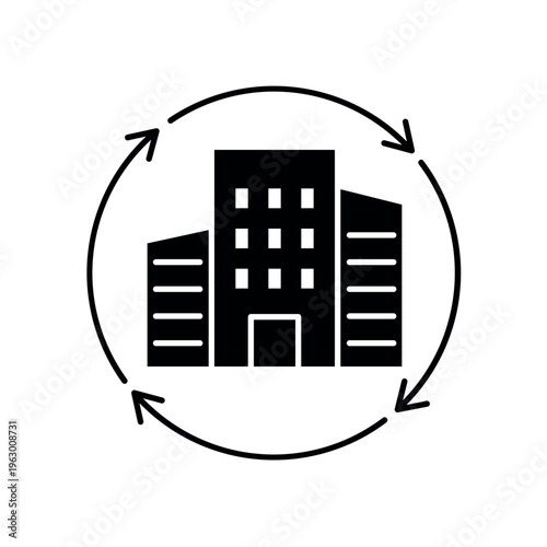 icon an urban renewal with circular arrows around corporate buildings, isolated against a clean background.
