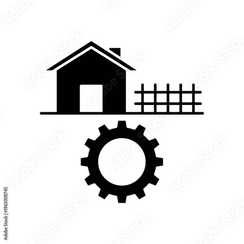 icon a rural revitalization with a house farm and mechanical gear, isolated against a clean background.