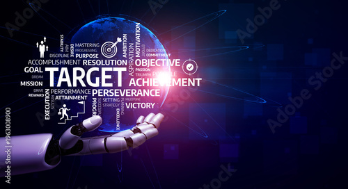 Εκτύπωση καμβά This image showcases a robotic hand reaching for a glowing globe, representing ambition, achievement, and the pursuit of goals in a modern digital landscape