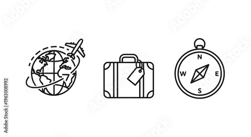 Travel icons featuring a globe suitcase and compass silhouette