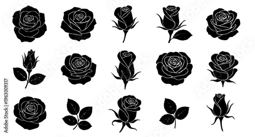 Rose icon set black silhouettes collection simple floral symbols vector isolated on white background