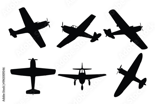 Light Propeller Plane Silhouettes Set, Vector Illustration of Private Aircraft and General Aviation Airplanes Isolated on White Background