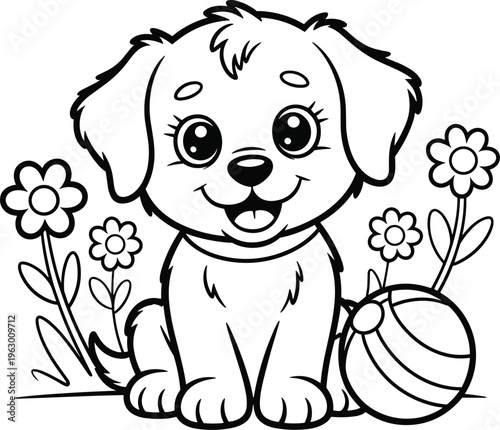 A cute cartoon puppy sitting in a garden with flowers and a ball