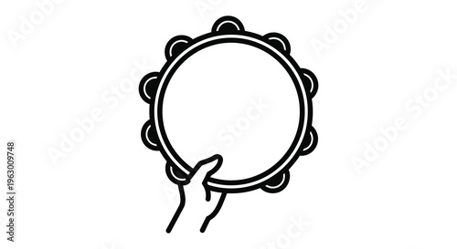 Simple black outline of a tambourine held by a hand silhouette