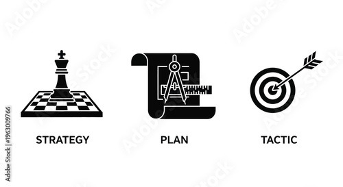 Chess drafting tools and archery representing strategy plan and tactic silhouette
