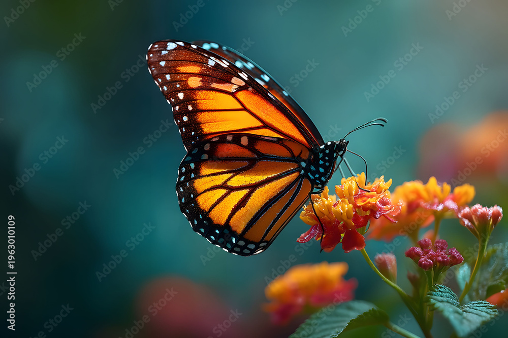 Obraz premium Vibrant Monarch Butterfly Resting on Colorful Flowers in Natural Habitat