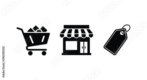 Shopping cart store and price tag icons in a black silhouette