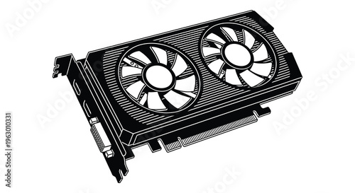Black and white graphic of a computer graphics card silhouette