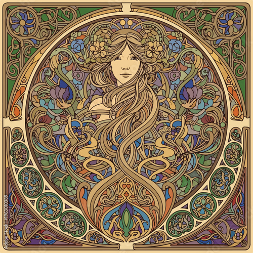 Art nouveau-style illustration, woman with flowing hair, floral frame