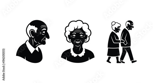 Elderly couple and man depicted in a striking black graphic silhouette